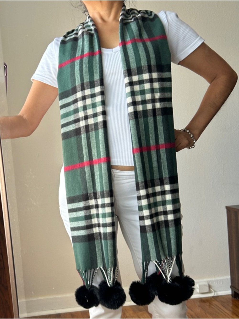 V. FRAAS Green Plaid Scarf with Black Pom-Pom Trim